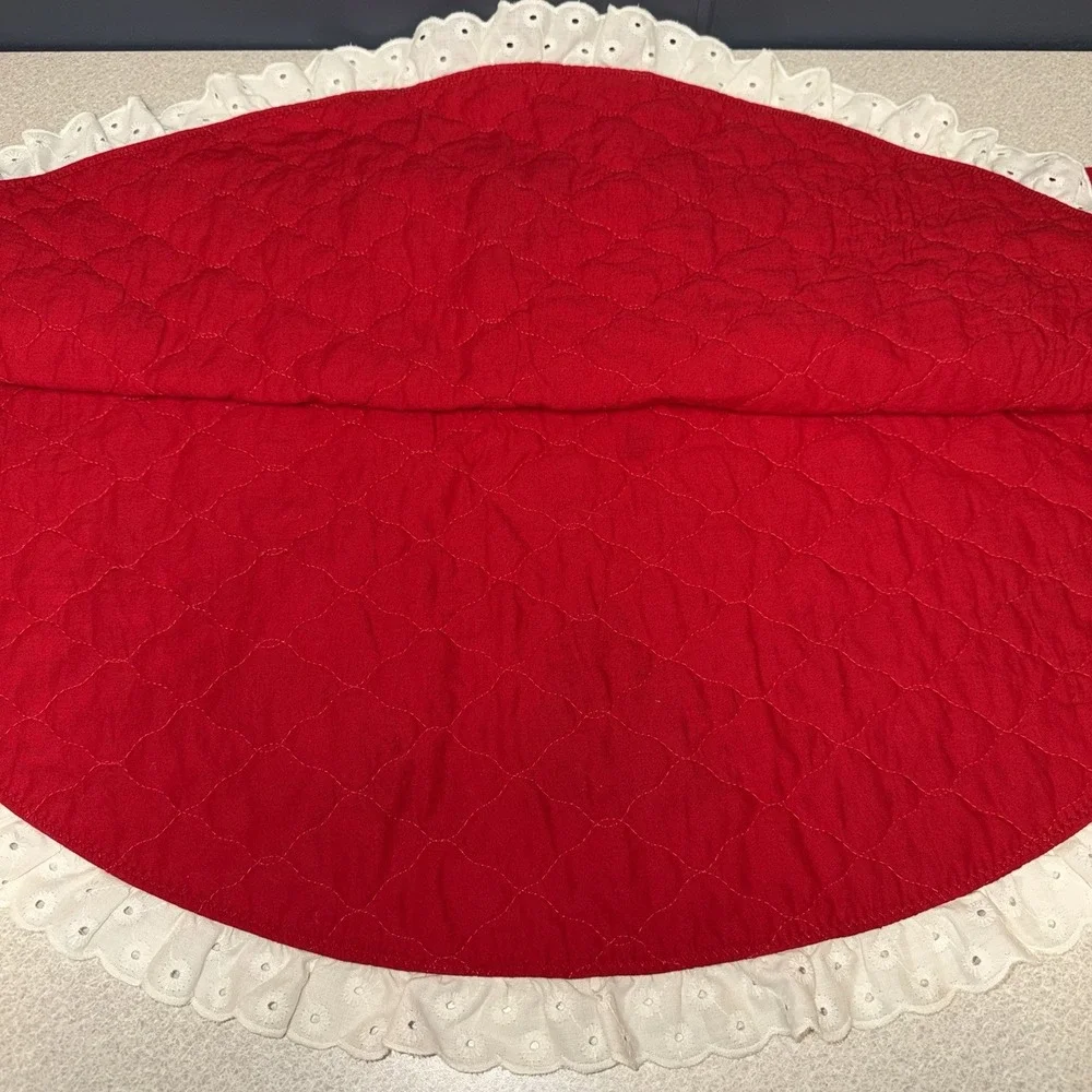 Vtg Country Geese 3ft Red Christmas Tree Skirt Bears Bows Ruffle Edge Red 80s